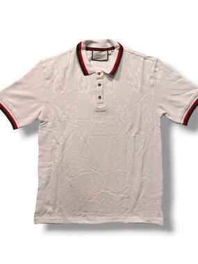Gucci Men’s Small White GG Monogram Polo Shirt with Signature Stripe Collar